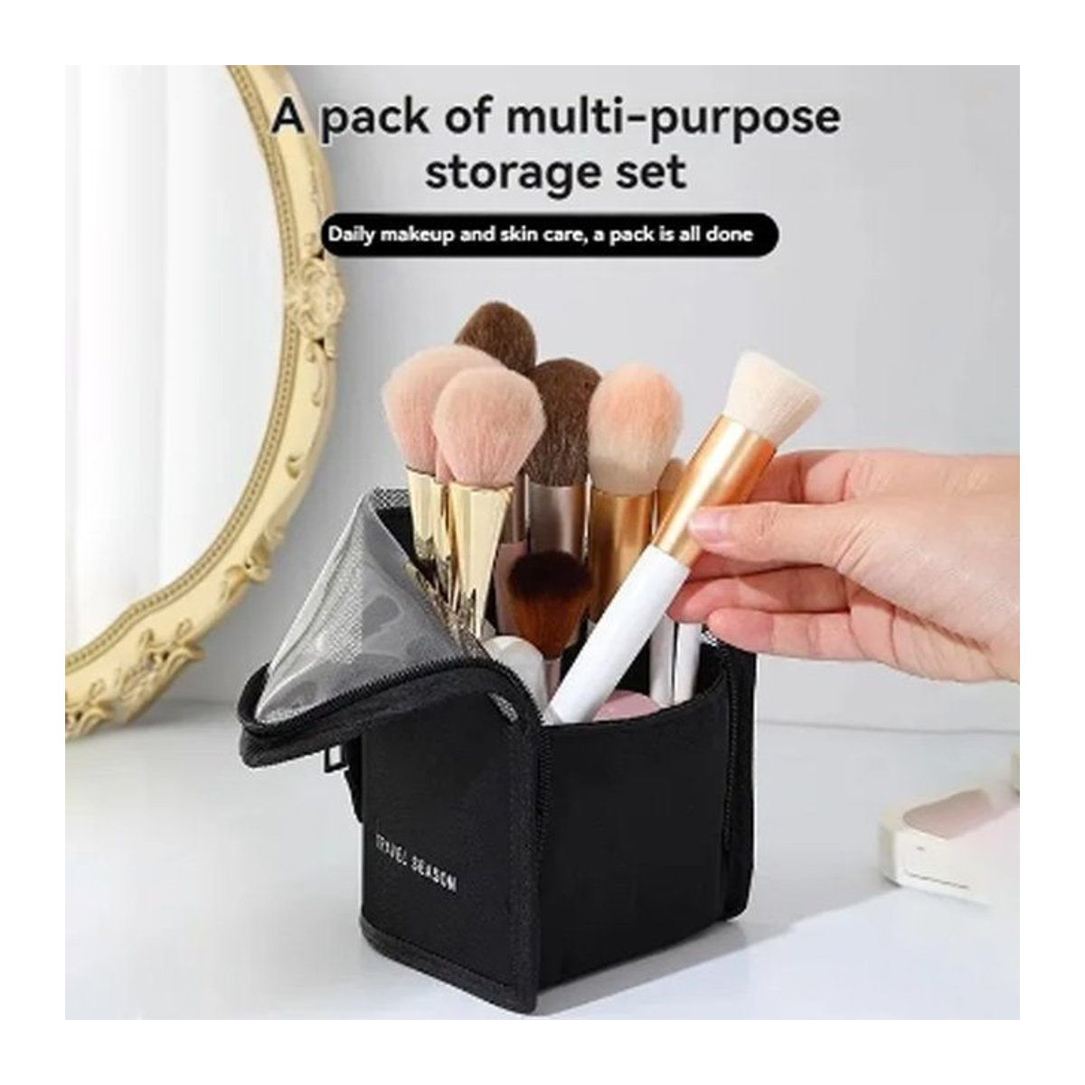 Kosmetiktasche mit Ständer für Frauen, durchsichtiger Make-up-Organizer und Reise-Kulturbeutel mit Pinselhalter, Schwarz - Bild 1