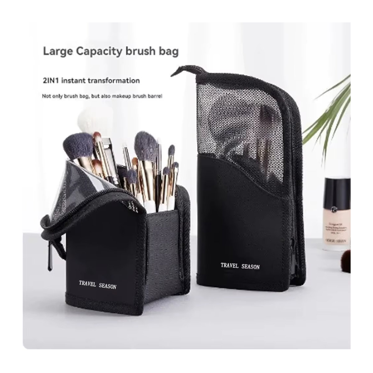 Kosmetiktasche mit Ständer für Frauen, durchsichtiger Make-up-Organizer und Reise-Kulturbeutel mit Pinselhalter, Schwarz - Bild 4
