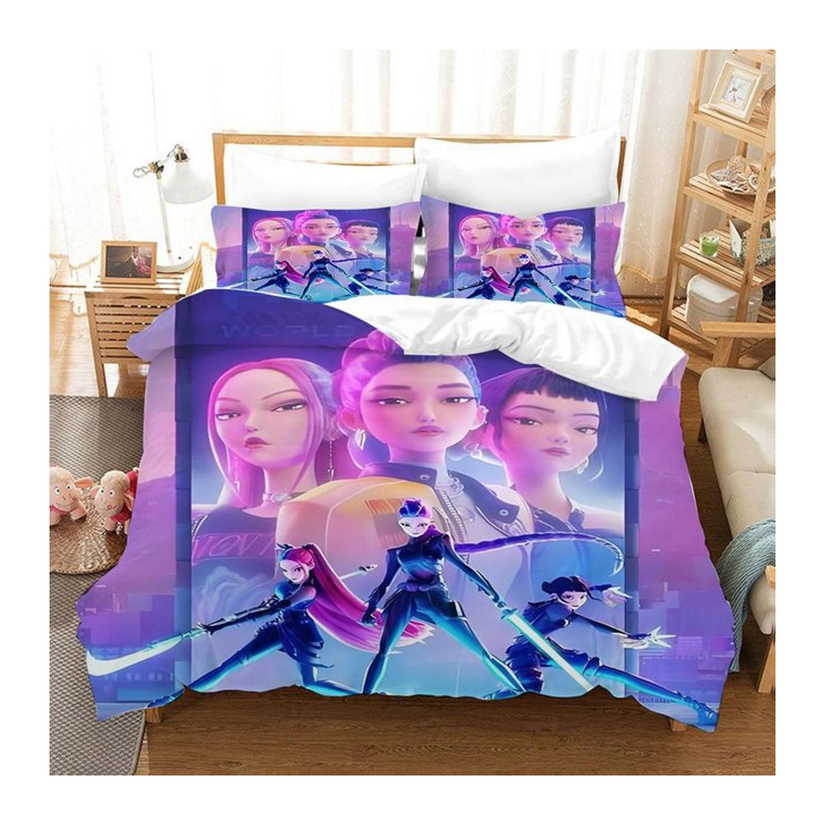 KPop Dämonenjäger Bettwäsche Set mit Kissenbezug Cartoon Rumi Mira Zoey in Lila, B/L: 264 x 228 cm - Bild 1