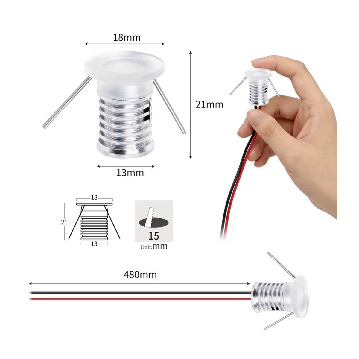 kpslucerna Mini Acryl LED Einbaustrahler für Treppen und Schränke, 1W DC12V, Bunt, Ausschnitt: 13mm - Bild 2