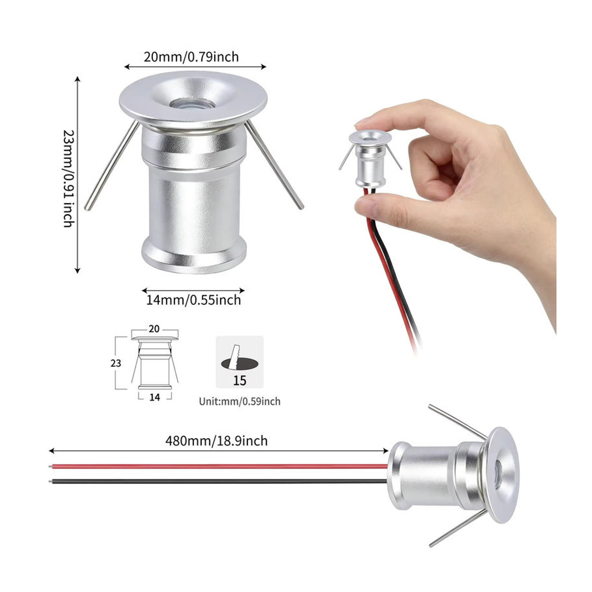 Kpslucerna Mini-LED-Einbaustrahler in Weiß, dimmbares Downlight aus Aluminium, 1 W, DC12 V, IP65, 15 mm Ausschnitt - Bild 3
