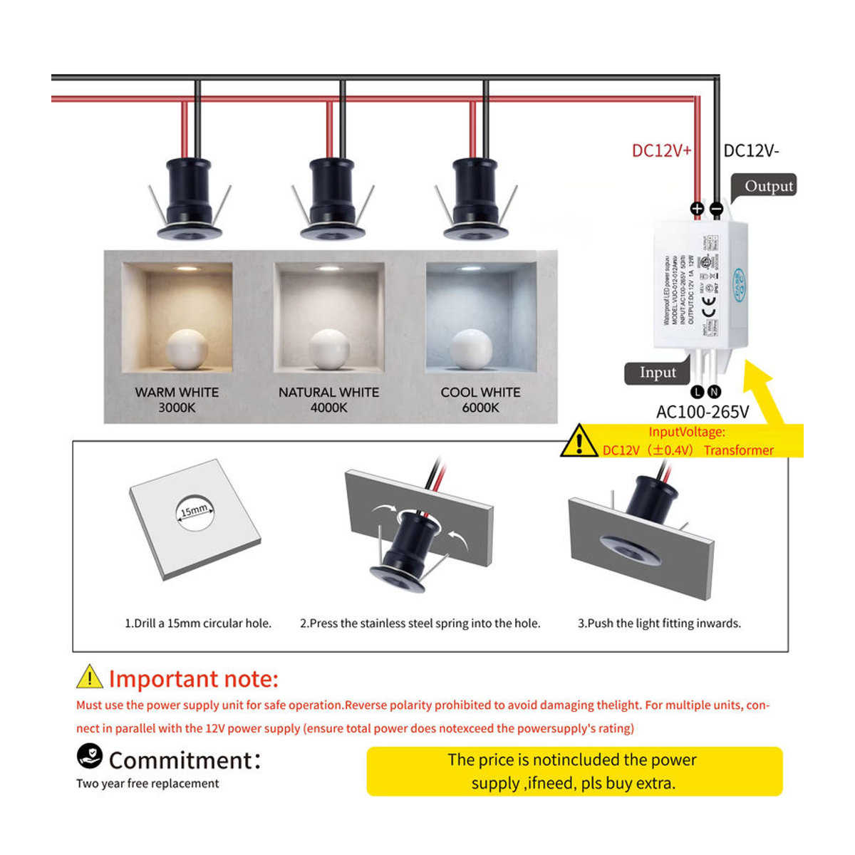 Kpslucerna Mini-LED-Einbaustrahler in Weiß, dimmbares Downlight aus Aluminium, 1 W, DC12 V, IP65, 15 mm Ausschnitt - Bild 4