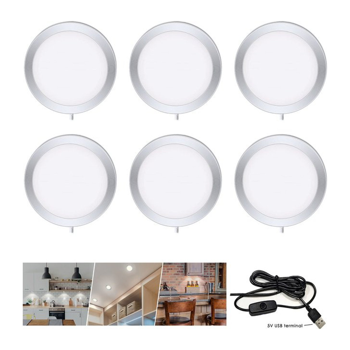KPSUN LED Unterbauleuchte Set 3W Rund in Silber mit 5V USB-Schalter dimmbar für Möbelbeleuchtung und Vitrinen - Bild 1