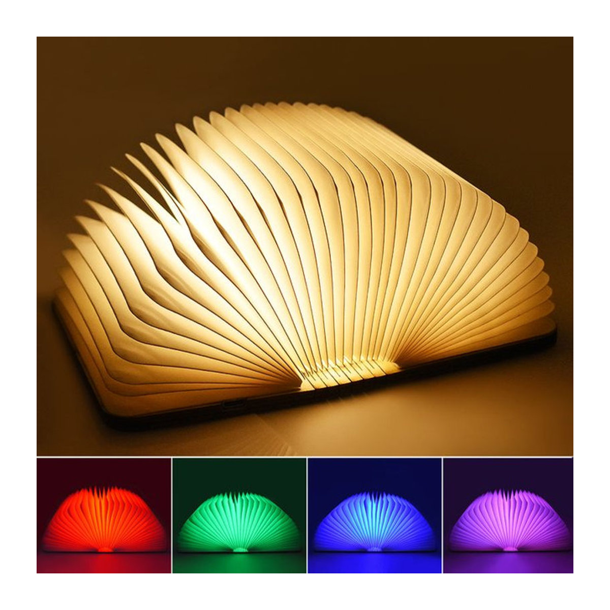 Kreative 3D LED Buch Klapplampe aus Holz mit RGB Farbwechsel, wiederaufladbare USB Nachttischlampe in Bunt für den Schreibtisch - Bild 1