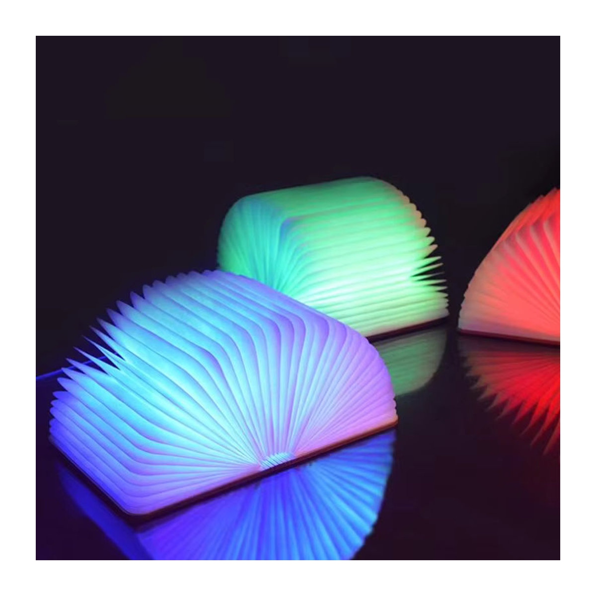 Kreative 3D LED Buch Klapplampe aus Holz mit RGB Farbwechsel, wiederaufladbare USB Nachttischlampe in Bunt für den Schreibtisch - Bild 3