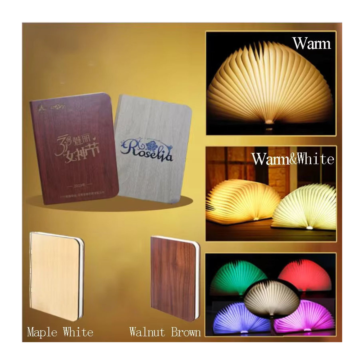Kreative 3D LED Buch Klapplampe aus Holz mit RGB Farbwechsel, wiederaufladbare USB Nachttischlampe in Bunt für den Schreibtisch - Bild 5