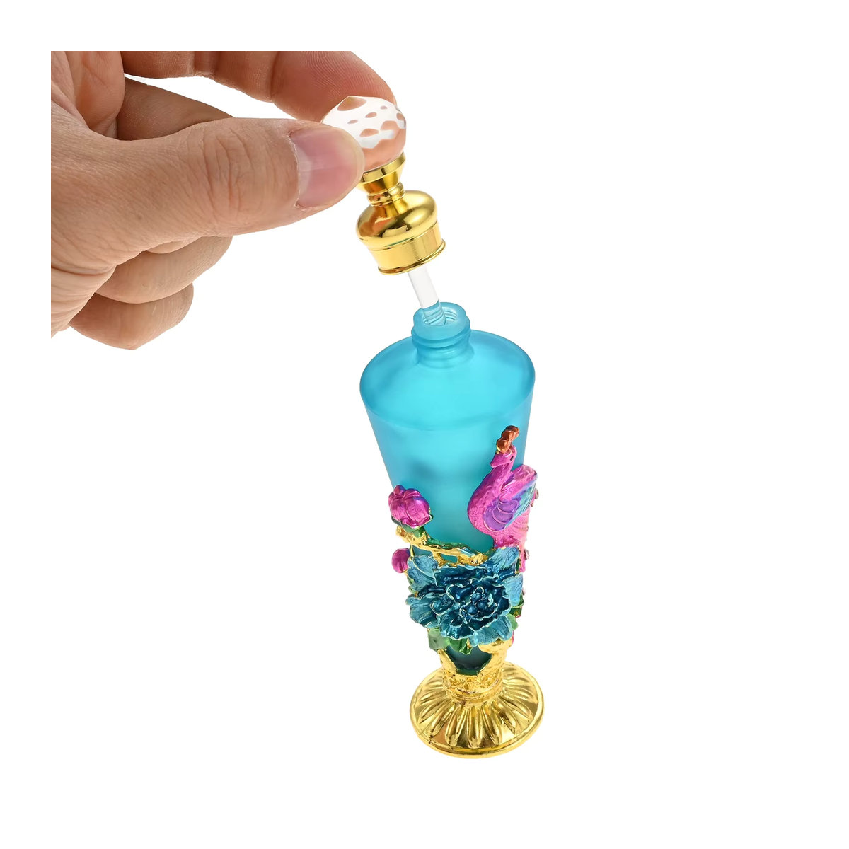 Kreative Parfüm Flasche aus Glas mit blauem Emaille Pfau und Blumen-Design, konische Form mit Diamant Deckel, 30ml, Blau - Bild 2