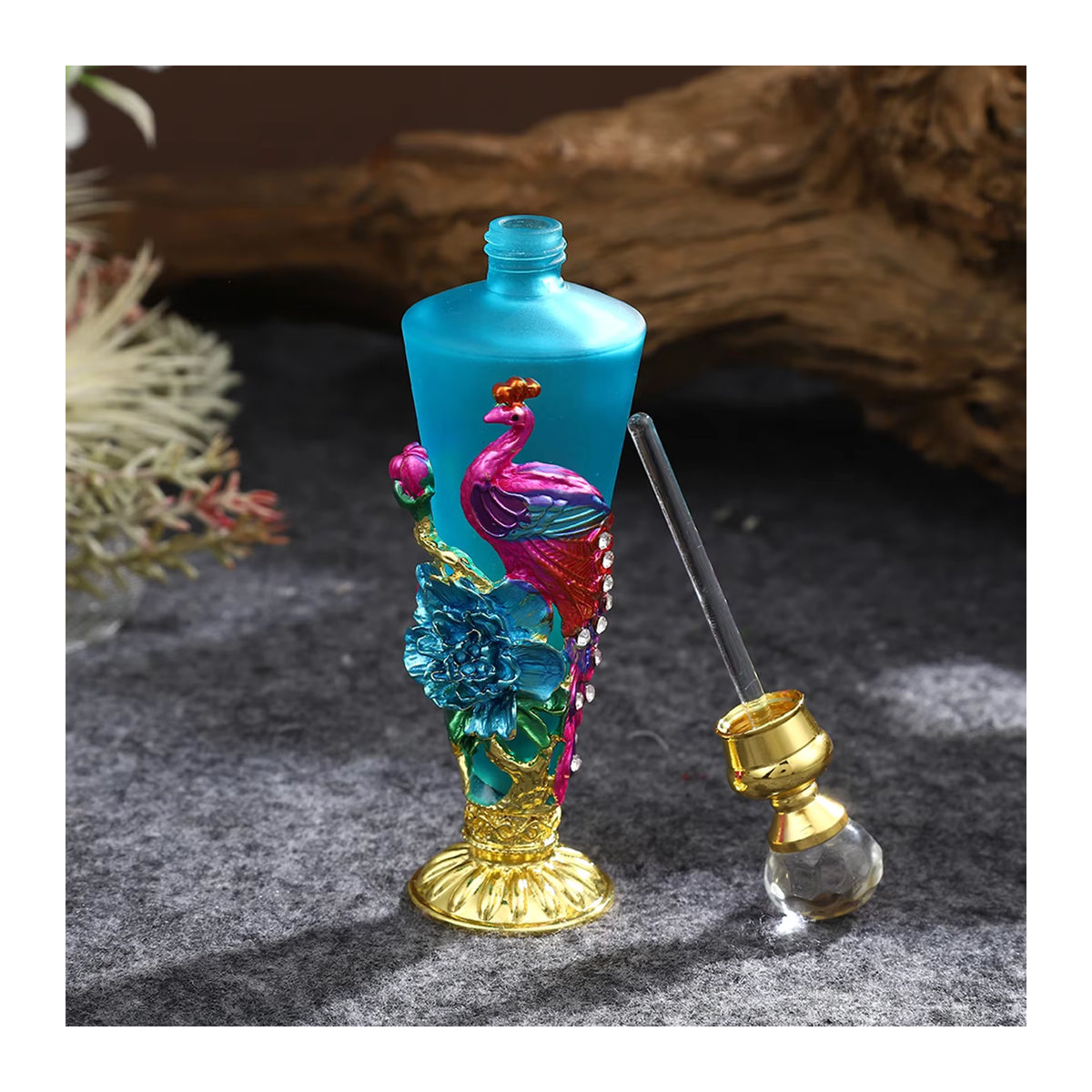 Kreative Parfüm Flasche aus Glas mit blauem Emaille Pfau und Blumen-Design, konische Form mit Diamant Deckel, 30ml, Blau - Bild 3