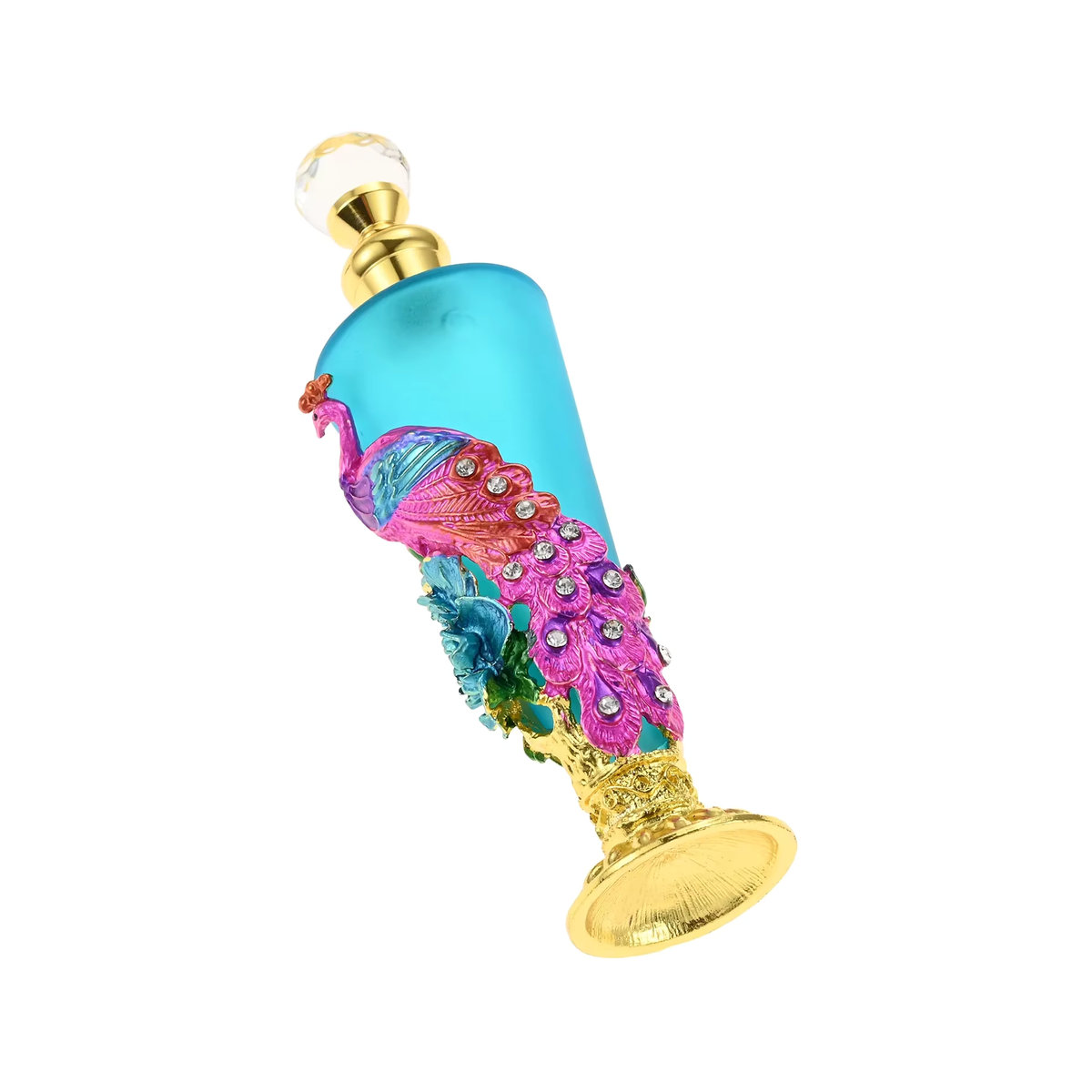 Kreative Parfüm Flasche aus Glas mit blauem Emaille Pfau und Blumen-Design, konische Form mit Diamant Deckel, 30ml, Blau - Bild 4