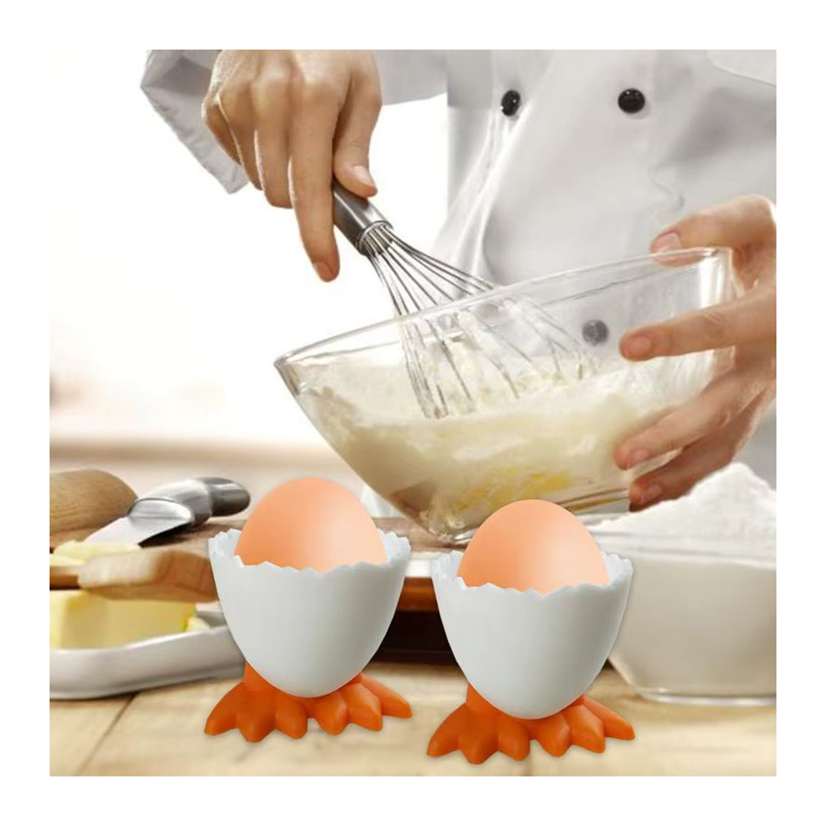 Kreativer Eierbecher in Hühnerfuß-Design aus Kunststoff, mehrfarbig und orange, ideale Tischdekoration für Ostern und die Küche - Bild 4