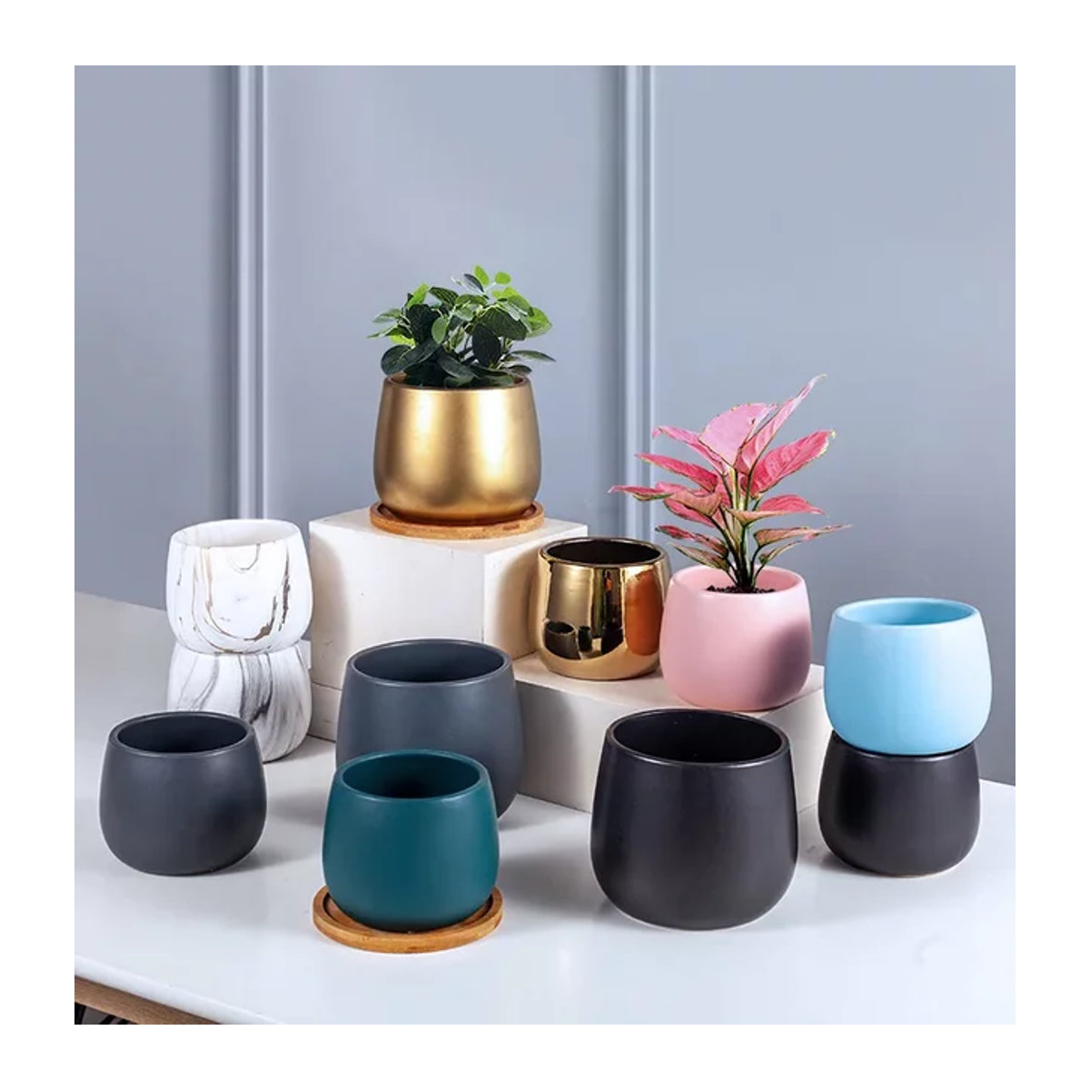 Kreativer Keramik Blumentopf im Nordic Design für Sukkulenten und Hydrokultur, Grün - Bild 1