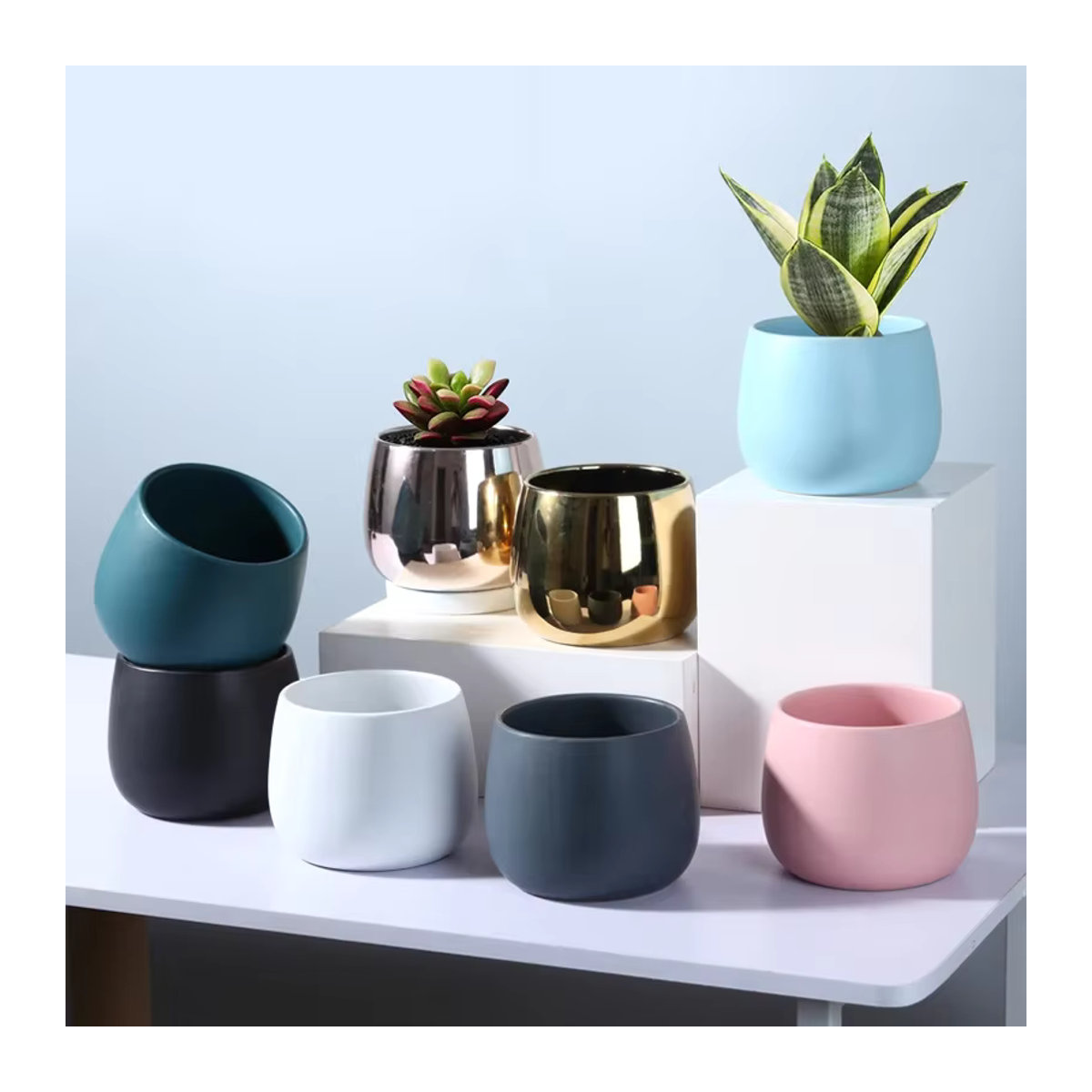Kreativer Keramik Blumentopf im Nordic Design für Sukkulenten und Hydrokultur, Grün - Bild 2