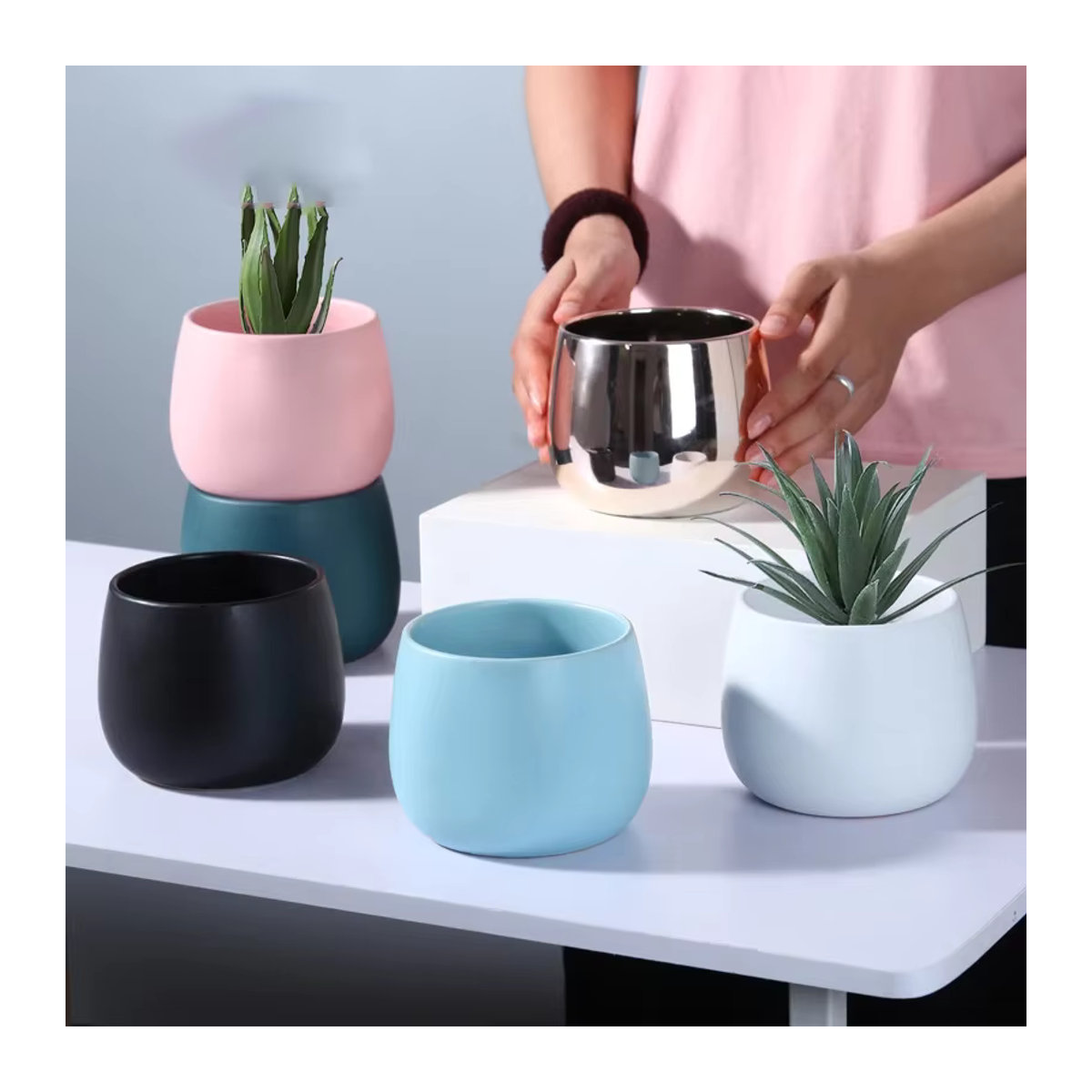 Kreativer Keramik Blumentopf im Nordic Design für Sukkulenten und Hydrokultur, Grün - Bild 3