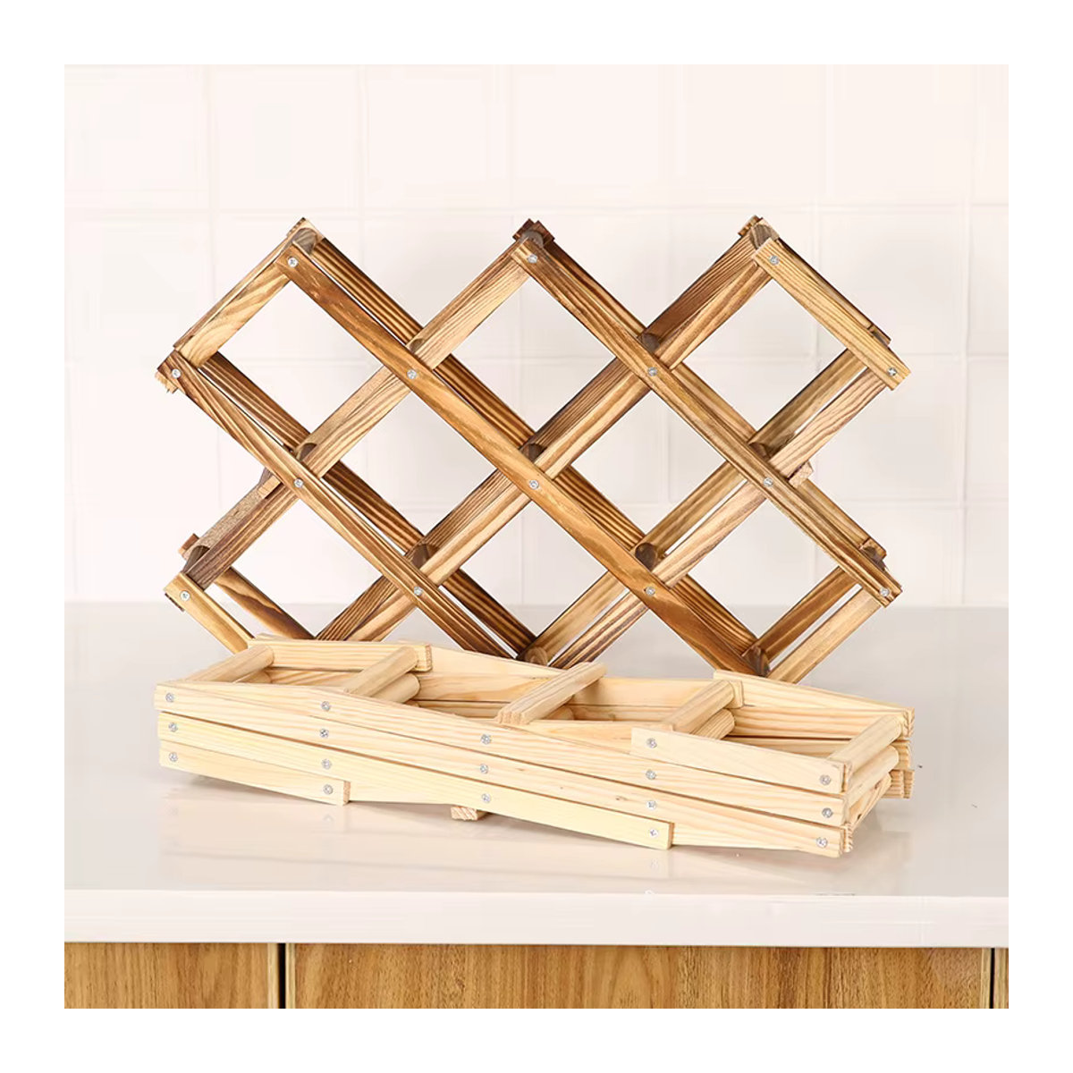 Kreatives Weinregal aus Kiefernholz in Natur, zusammenklappbares Flaschenregal im minimalistischen Design - Bild 5