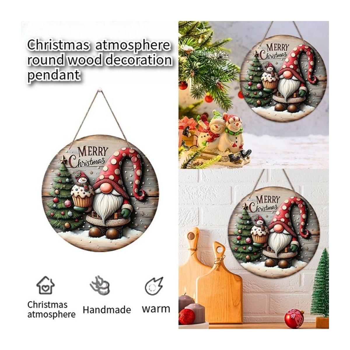 Kreisförmige Weihnachtsdekoration aus Holz als Hängeornament mit Schriftzug und Schnur, mehrfarbig und rustikal - Bild 1