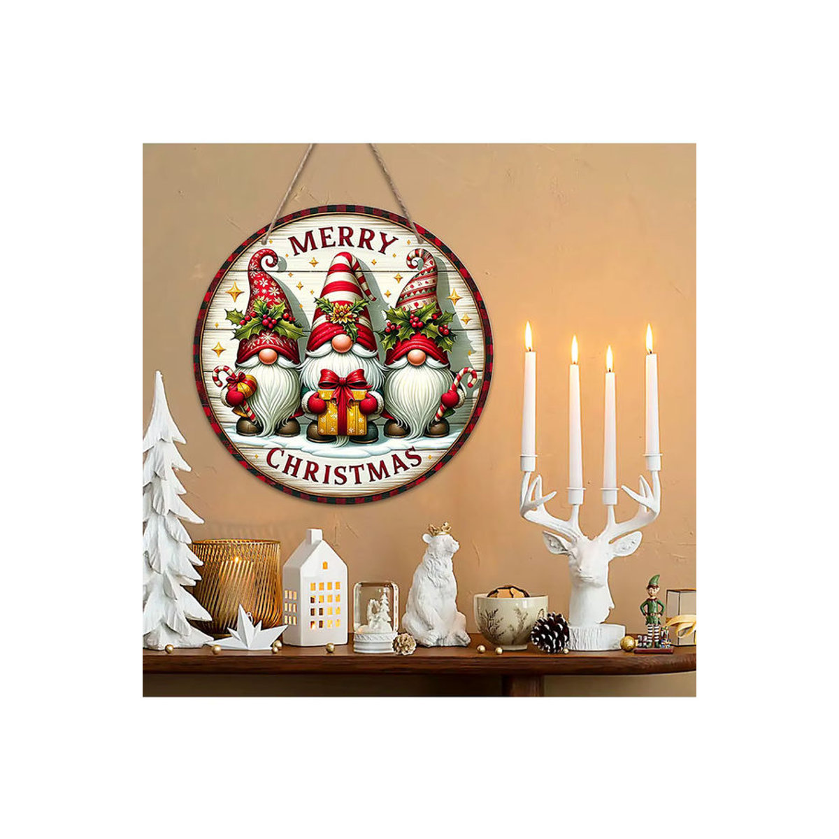Kreisförmiges Holzschild mit 2D-Weihnachtszwerg als hängende Weihnachtsdekoration in Weiß und Mehrfarbig - Bild 7