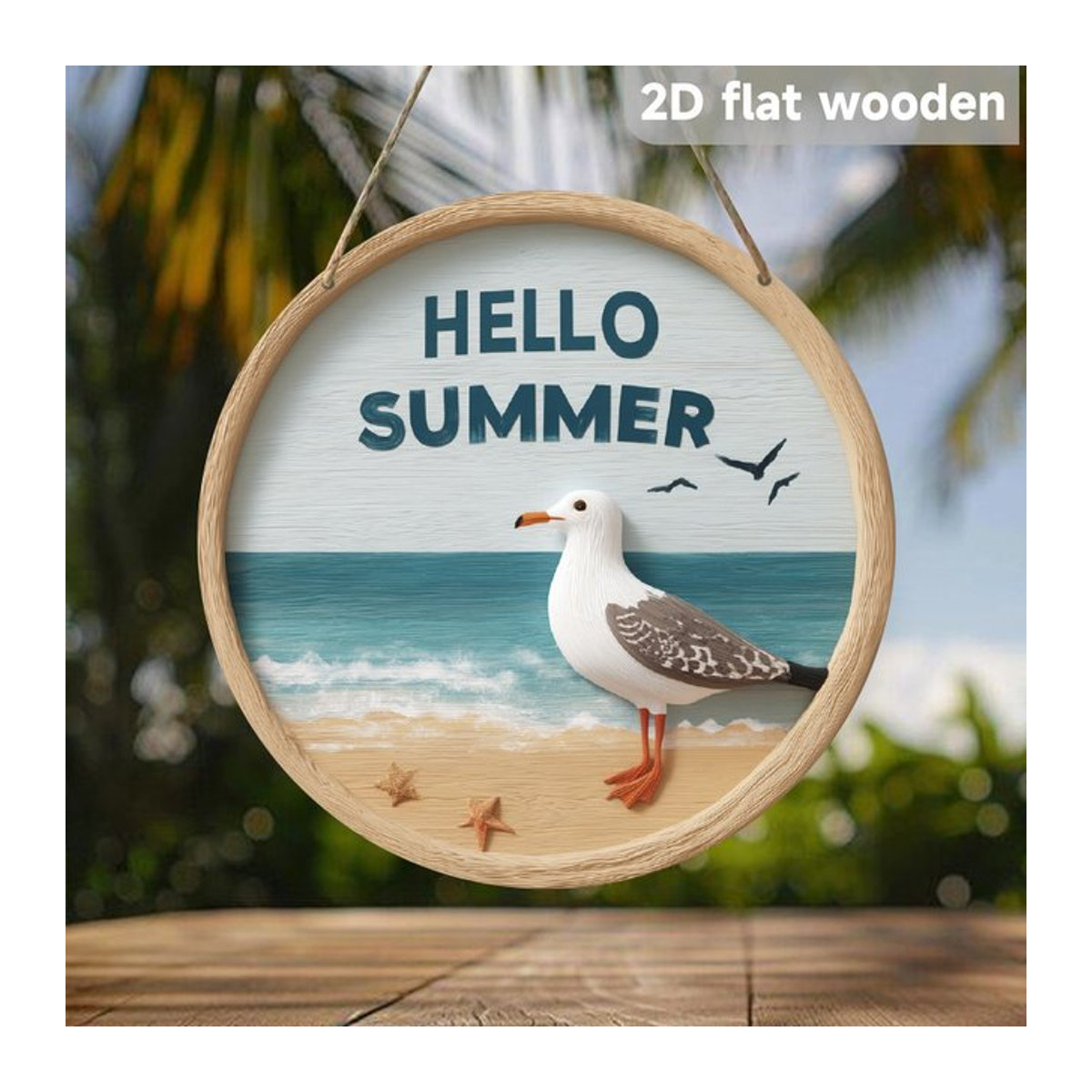 Kreisförmiges Willkommensschild Hello Summer aus Holz in Braun und Mehrfarbig mit floralem Design und Vögeln zum Aufhängen - Bild 1