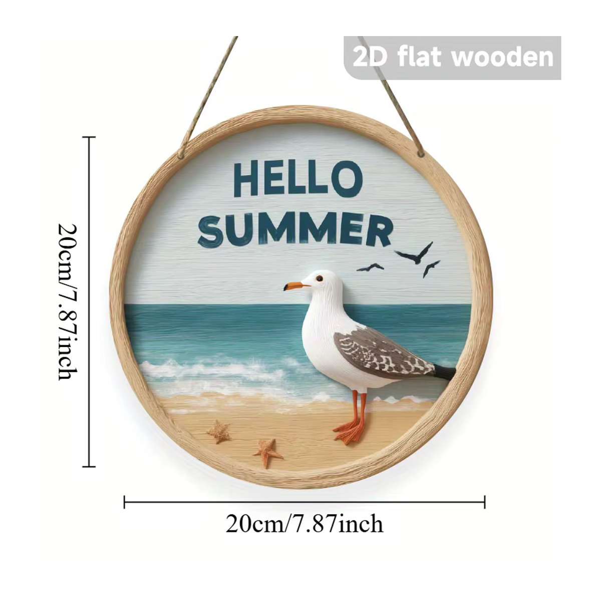 Kreisförmiges Willkommensschild Hello Summer aus Holz in Braun und Mehrfarbig mit floralem Design und Vögeln zum Aufhängen - Bild 2