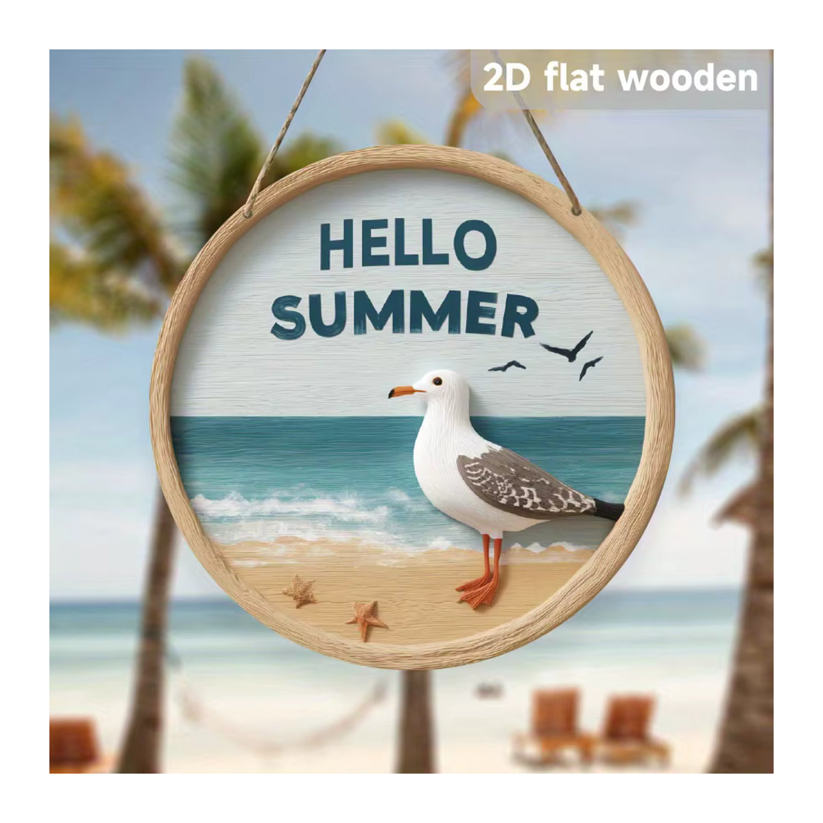 Kreisförmiges Willkommensschild Hello Summer aus Holz in Braun und Mehrfarbig mit floralem Design und Vögeln zum Aufhängen - Bild 3
