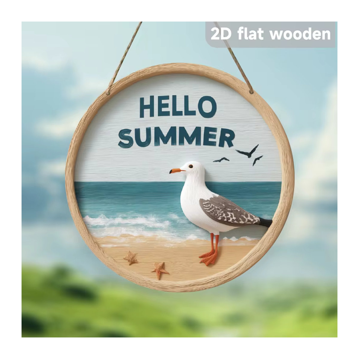 Kreisförmiges Willkommensschild Hello Summer aus Holz in Braun und Mehrfarbig mit floralem Design und Vögeln zum Aufhängen - Bild 4