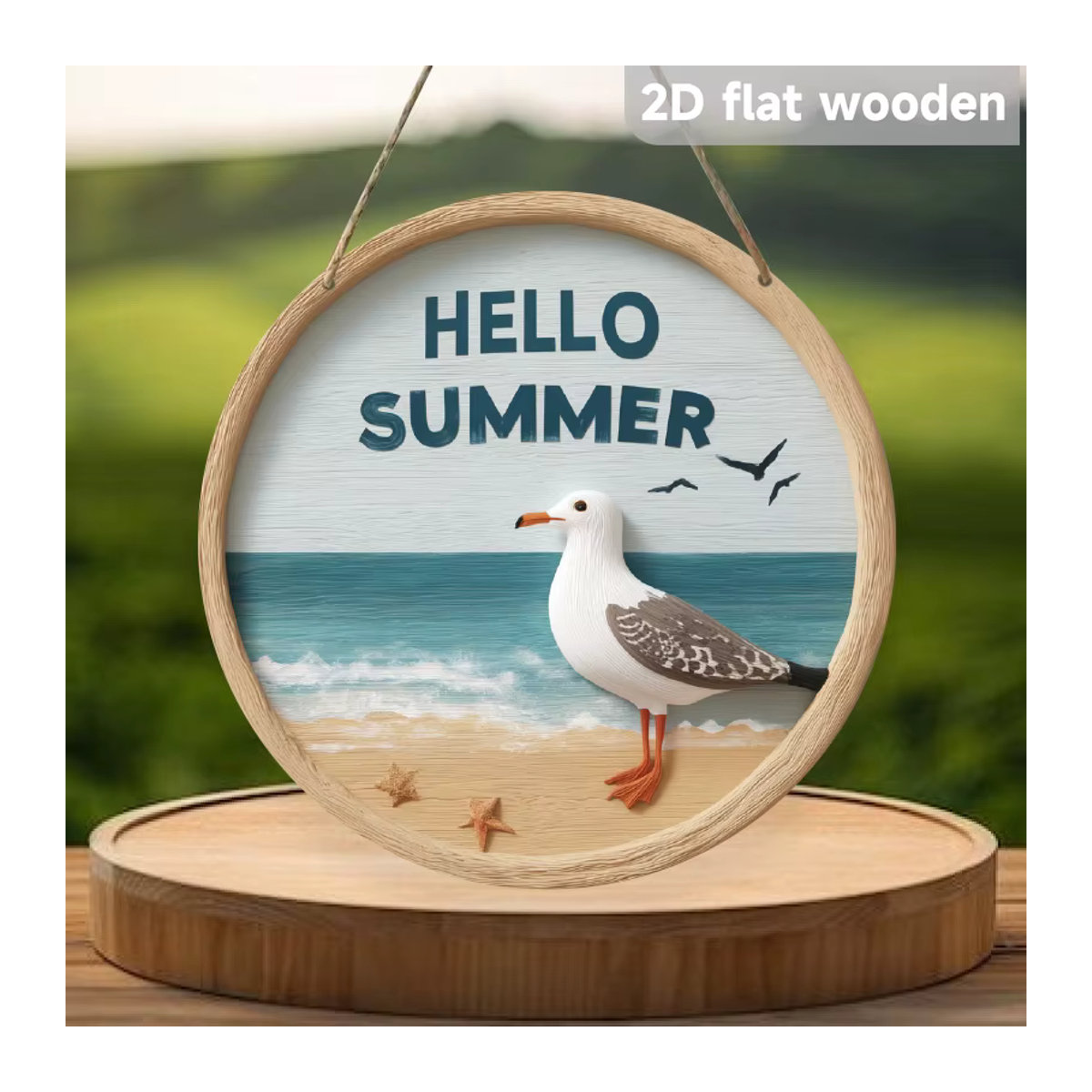 Kreisförmiges Willkommensschild Hello Summer aus Holz in Braun und Mehrfarbig mit floralem Design und Vögeln zum Aufhängen - Bild 5