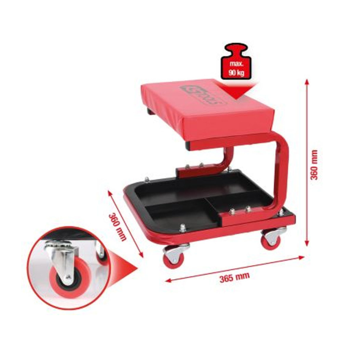 KS TOOLS Fahrbarer Werkstatthocker aus Metall und Kunstleder in Rot, B/T/H: 36,5 x 36 x 36 cm - Bild 3