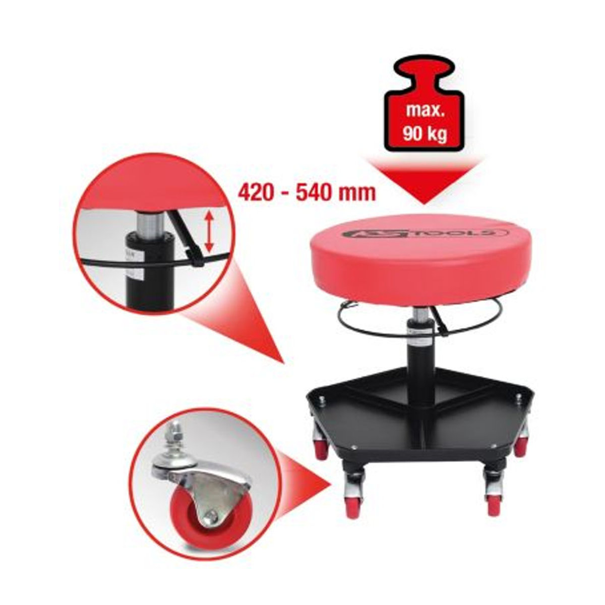 KS-Tools Polsterhocker in Rot mit höhenverstellbarer Sitzfläche aus Kunstleder und Metallgestell - Bild 3