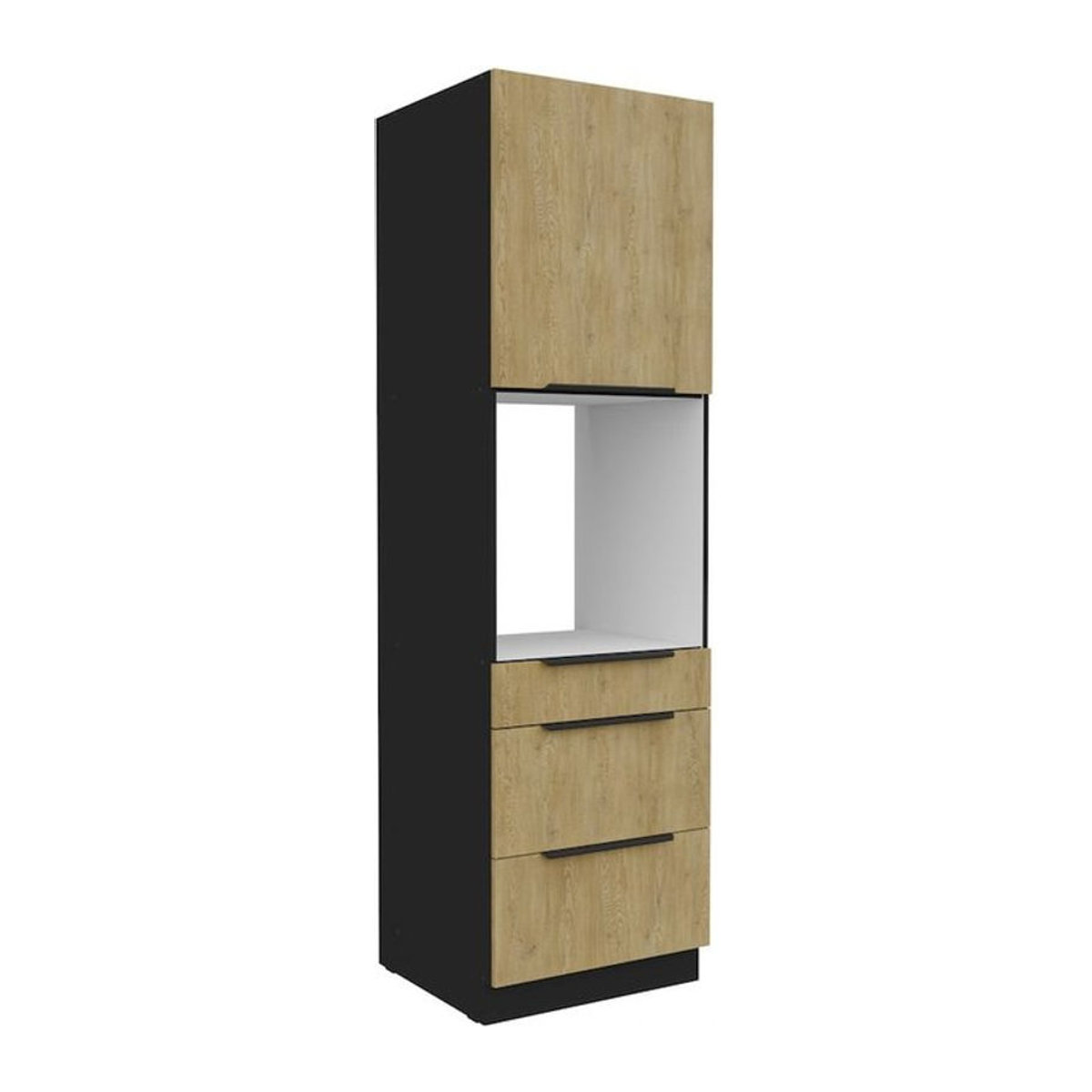 Küchen Hochschrank CREMONA Vorratsschrank in Eiche Natur und Schwarz, Breite: 60 cm - Bild 1