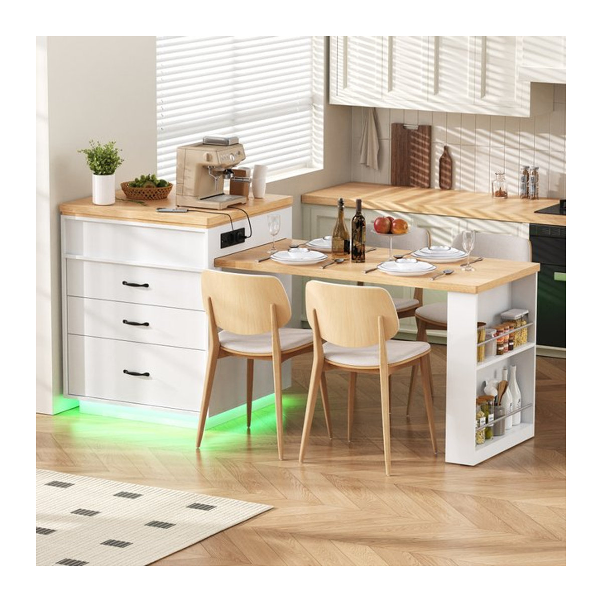 Kücheninsel mit Rollen und ausziehbarem Esstisch inklusive LED-Beleuchtung und Steckdosenleisten in Schwarz/Weiß im skandinavischen Design - Bild 1