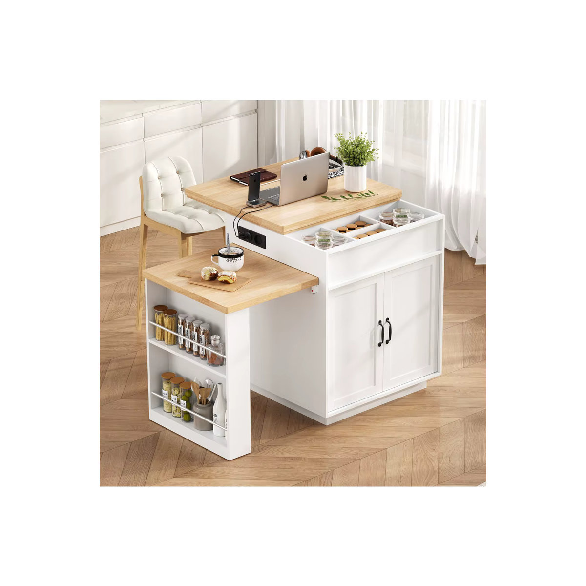 Kücheninsel mit Rollen und ausziehbarem Esstisch inklusive LED-Beleuchtung und Steckdosenleisten in Schwarz/Weiß im skandinavischen Design - Bild 6