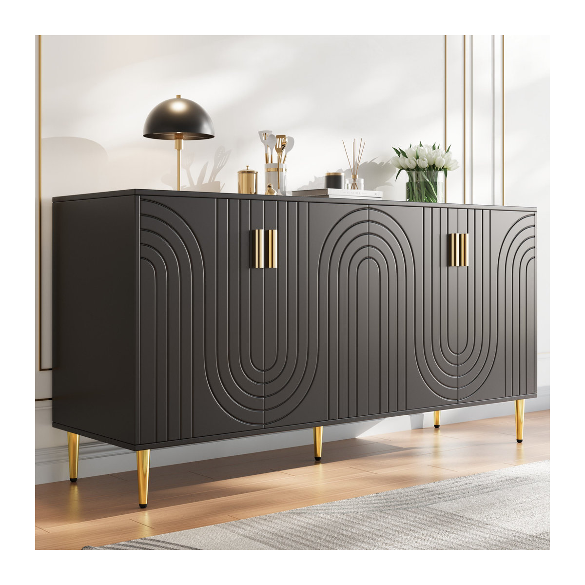 Küchenschrank Sideboard mit Wellendesign in Schwarz, B/T/H: 152 x 40 x 75 cm - Bild 2