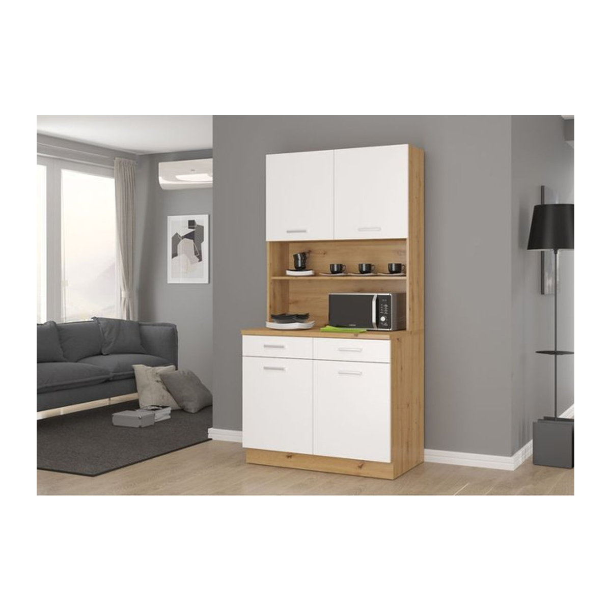 Küchenzeile Buffet Mario Modern in Weiß und Eiche Natur mit Drehtüren, Breite: 100 cm - Bild 1