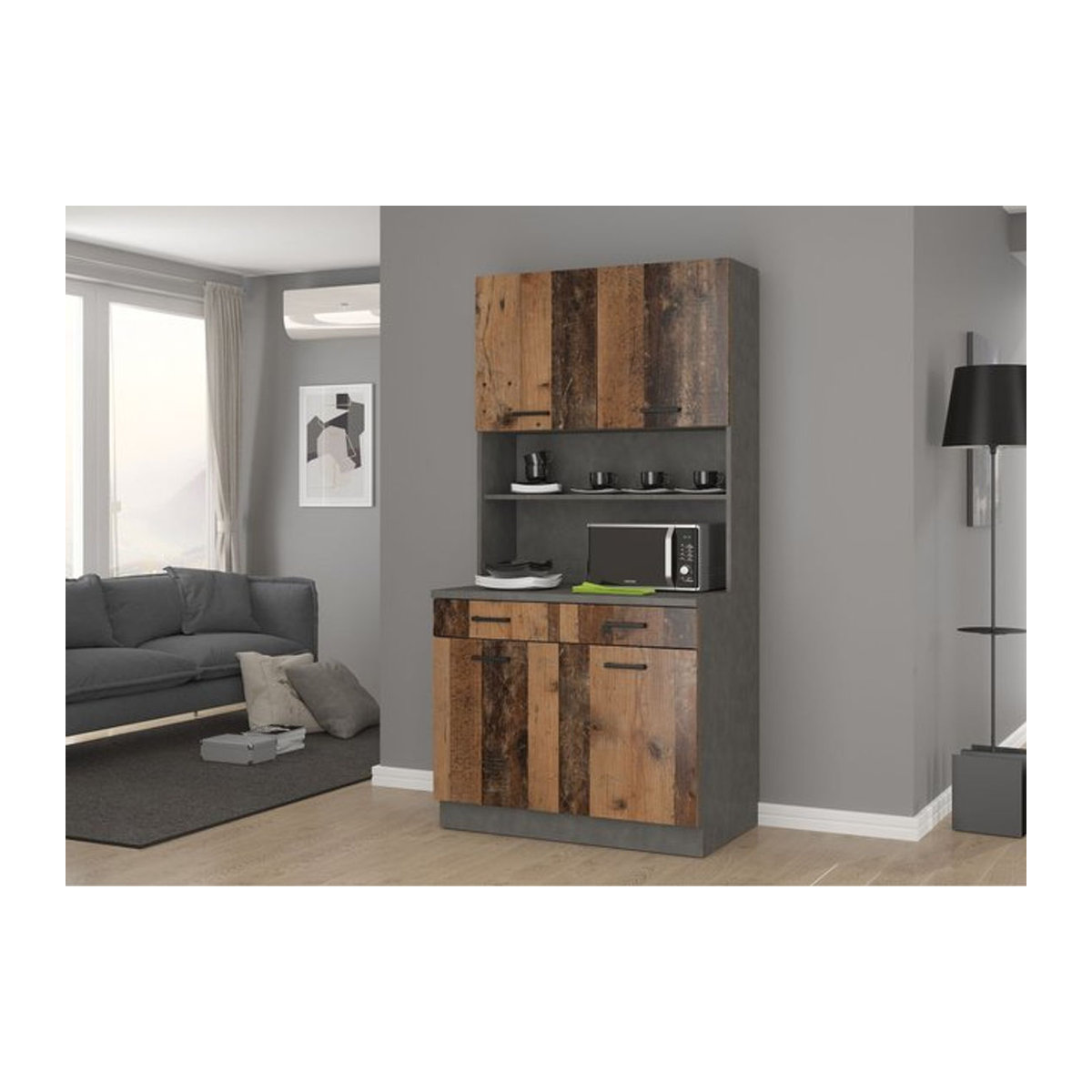 Küchenzeile Mario 100 Buffet in Old Wood Style Braun im Industrial Design mit Drehtüren - Bild 1