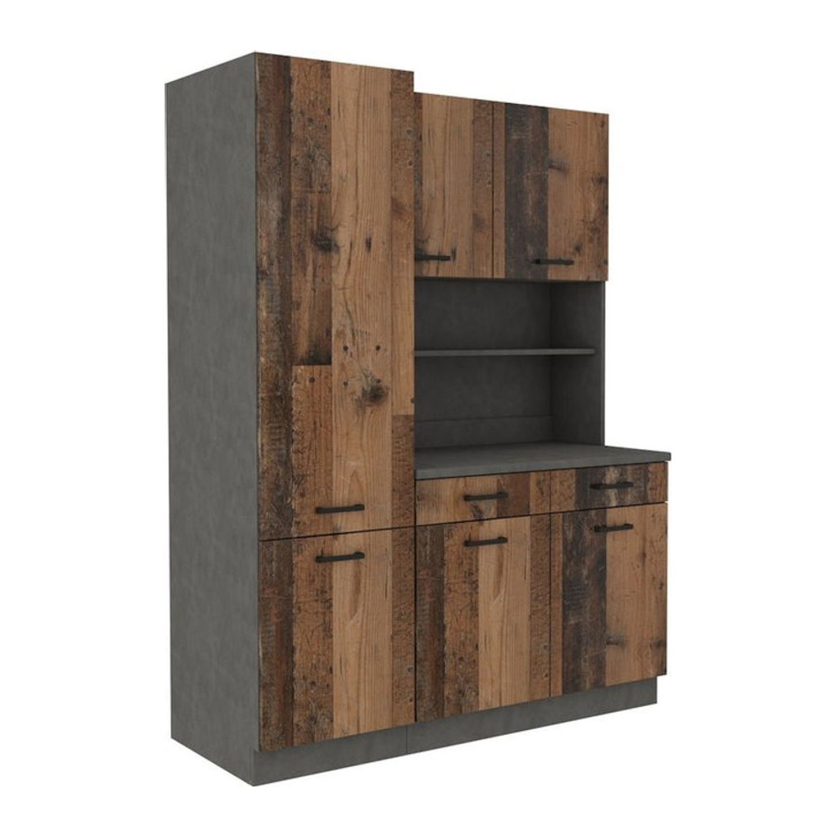 Küchenzeile Mario 150 in Old Wood Style Matera, Braun, Modern Industrial Design mit Drehtüren - Bild 1