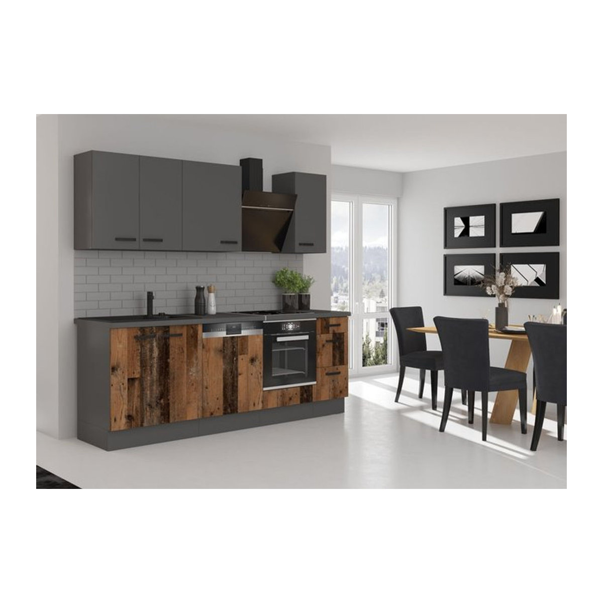 Küchenzeile Old Style + Nessa Basic in Old Wood Optik, Breite: 240 cm, Braun/Anthrazit, Landhaus-Design - Bild 1