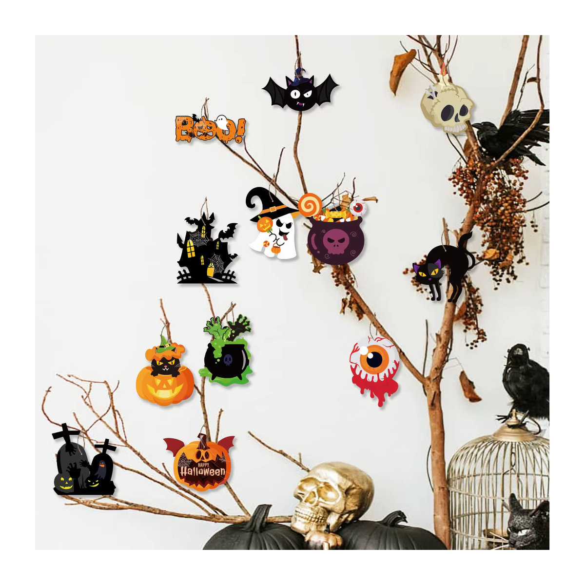 KUKUZHU 12er Set Halloween Holz-Hängeornamente mit Cartoon-Figuren in Mehrfarbig - Bild 4