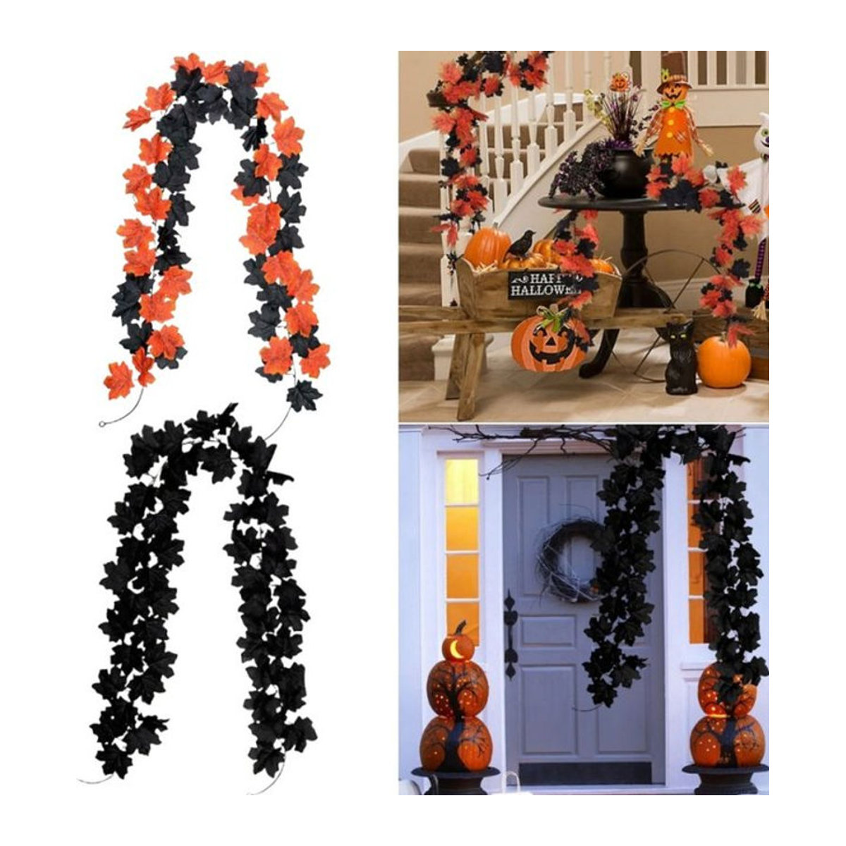 Künstliche Ahornblatt-Rebe für Halloween und Herbst in Schwarz und Orange zur Dekoration von Garten und Tür - Bild 1