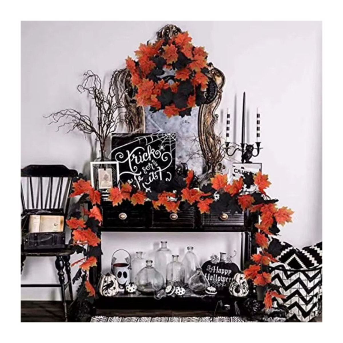 Künstliche Ahornblatt-Rebe für Halloween und Herbst in Schwarz und Orange zur Dekoration von Garten und Tür - Bild 2