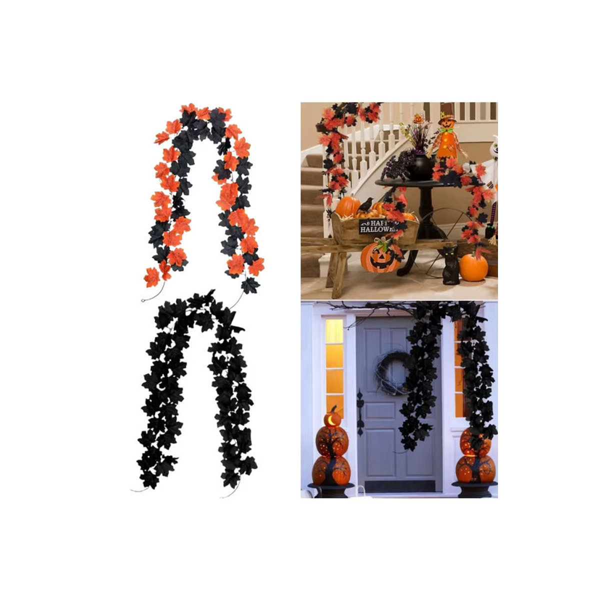 Künstliche Ahornblatt-Rebe für Halloween und Herbst in Schwarz und Orange zur Dekoration von Garten und Tür - Bild 5