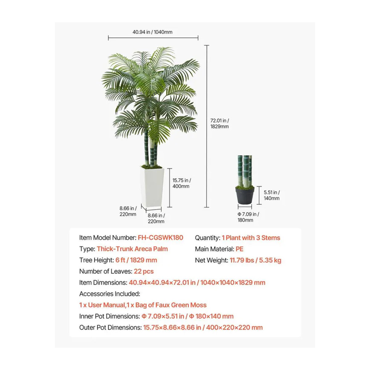 Künstliche Areca-Palme von Buying Solutions, MB in Grün mit weißem Übertopf, Höhe: 182,9 cm, Breite: 104 cm, Tiefe: 104 cm - Bild 7
