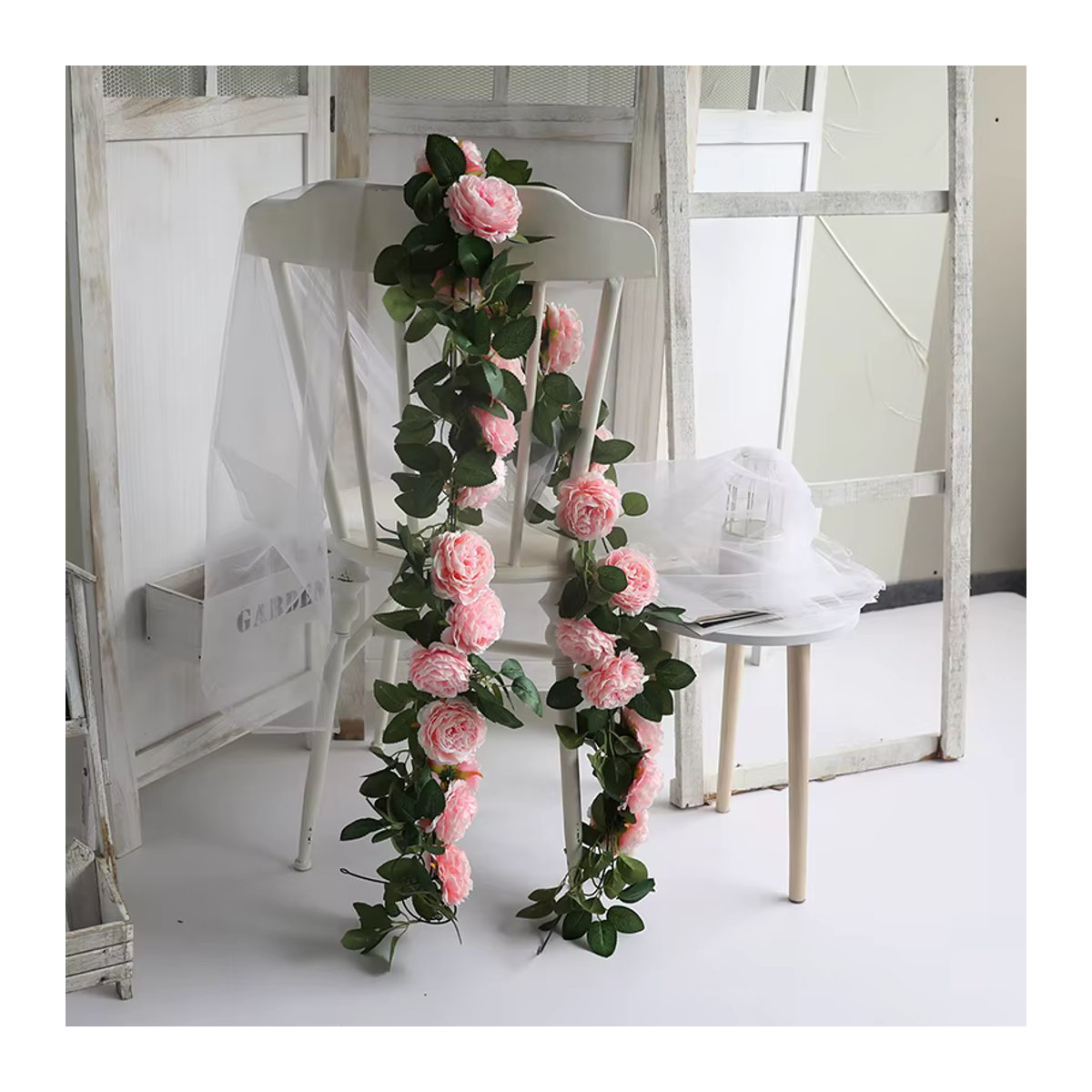 Künstliche Blumen Girlande aus Seide und Rattan in Rosa und Grün für Hochzeit und Garten Dekoration - Bild 2