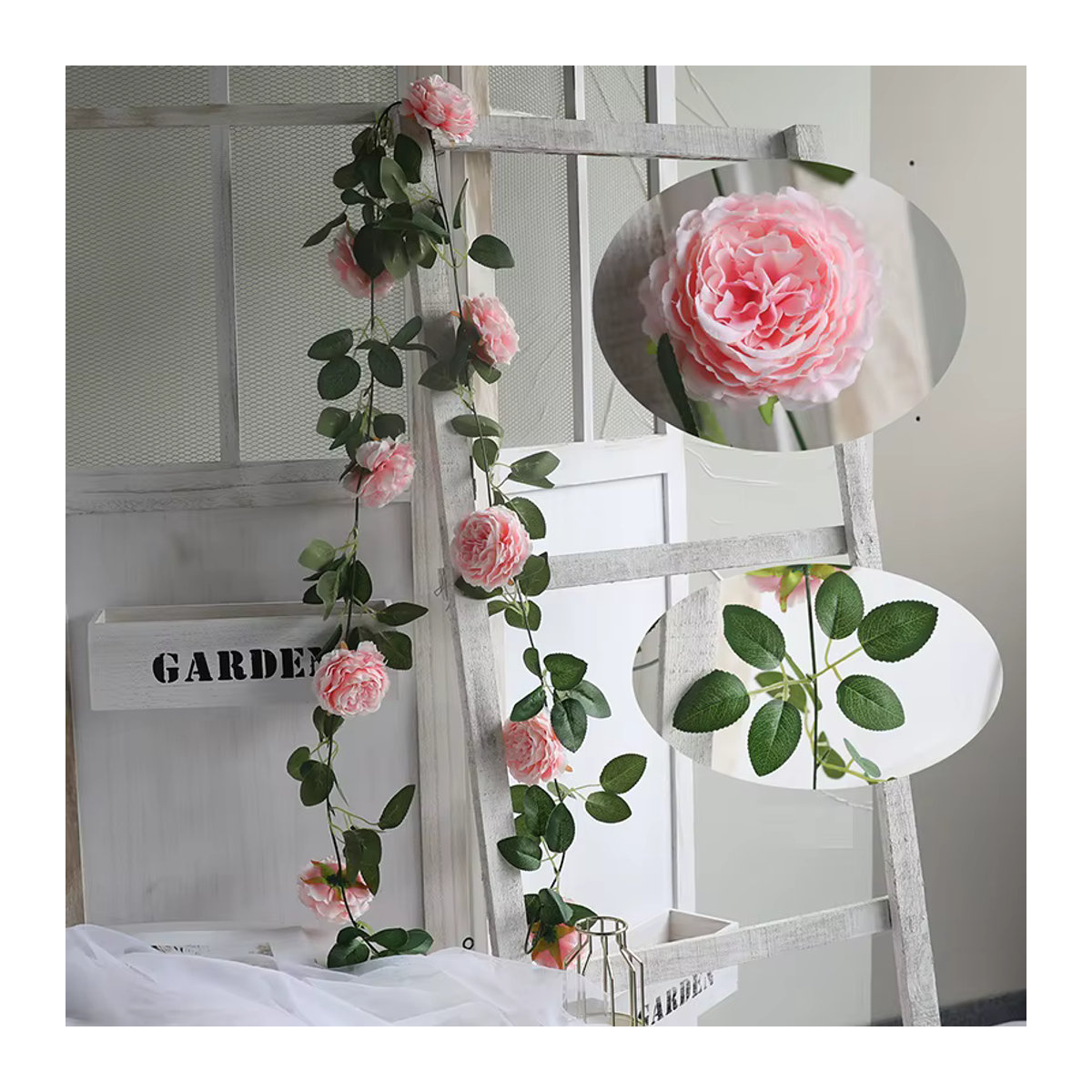 Künstliche Blumen Girlande aus Seide und Rattan in Rosa und Grün für Hochzeit und Garten Dekoration - Bild 4