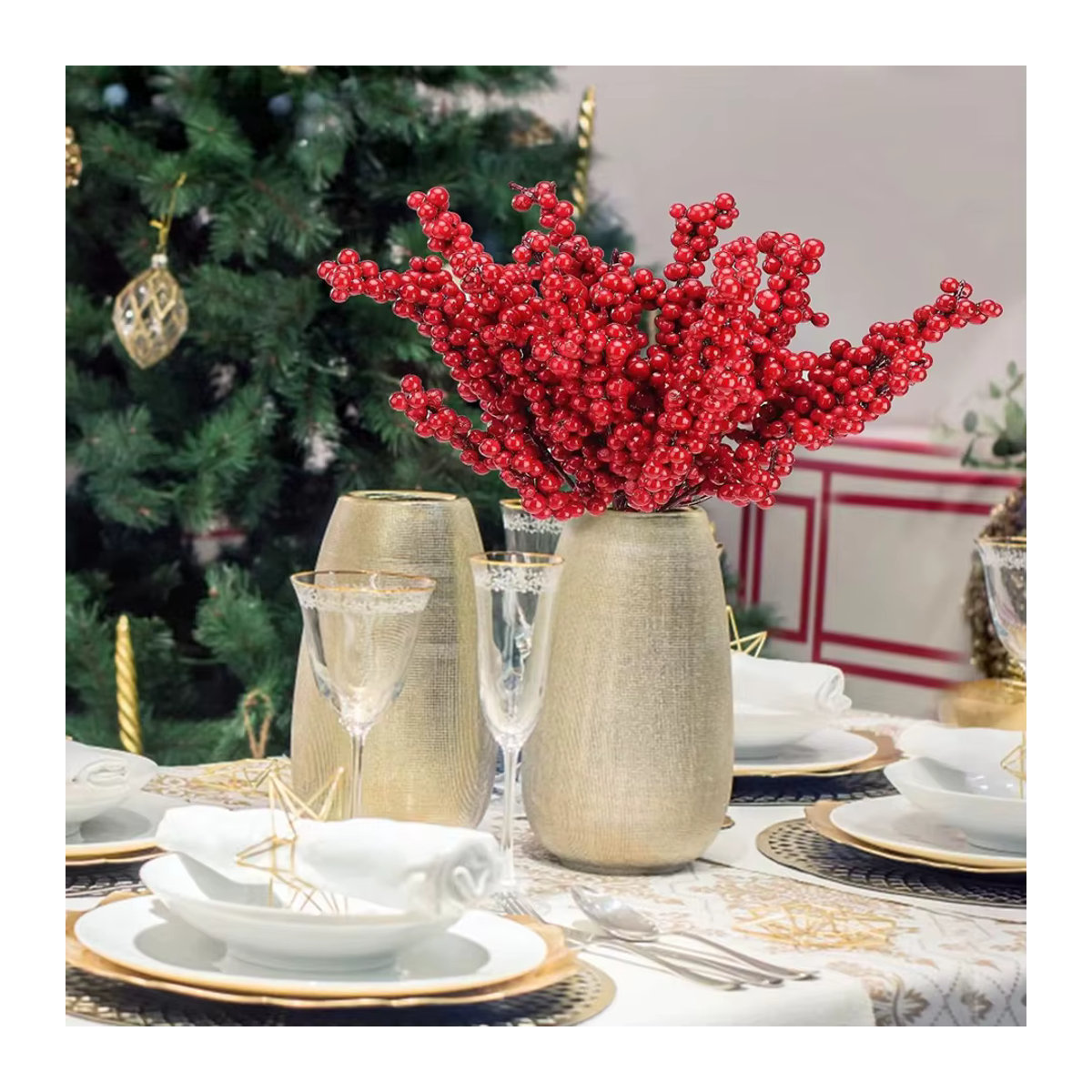 Künstliche Holly-Pflanze mit roten Früchten von XIAOYINMO für Weihnachtsdekoration und Hochzeitsarrangements in Rot - Bild 2