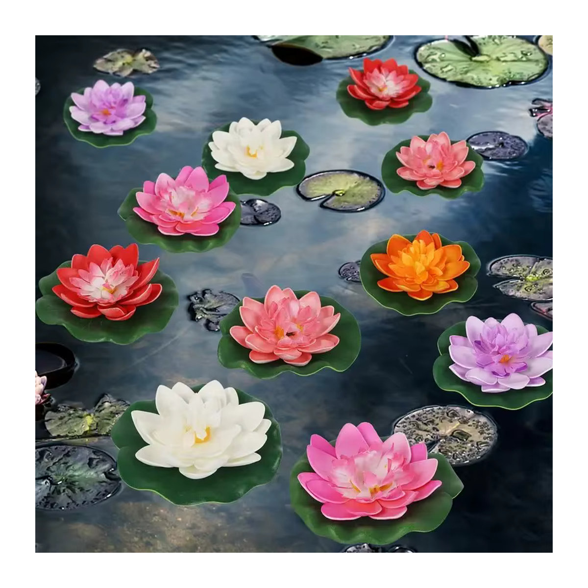 Künstliche Lotusblumen und schwimmende Wasserlilien aus Kunststoff für die Teich- und Gartendekoration in Weiß oder Bunt - Bild 3
