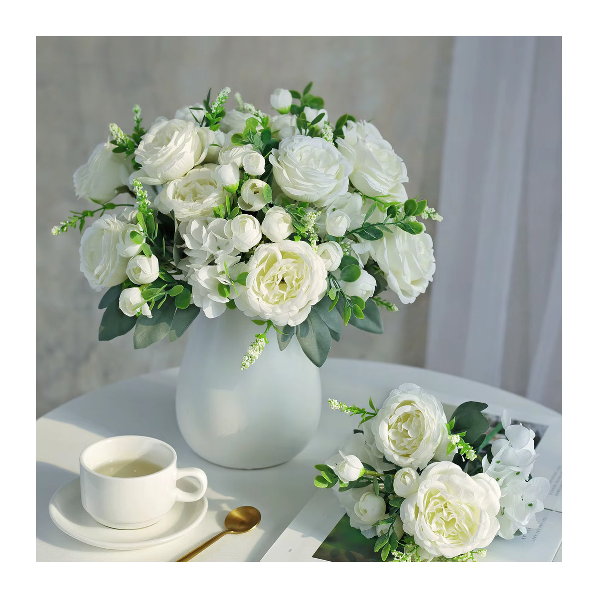 Künstliche Pfingstrosen und Hortensien als Seidenblumen-Bouquet in Rosa und Weiß für deine Hochzeits-, Tisch- oder Garten-Dekoration - Bild 1