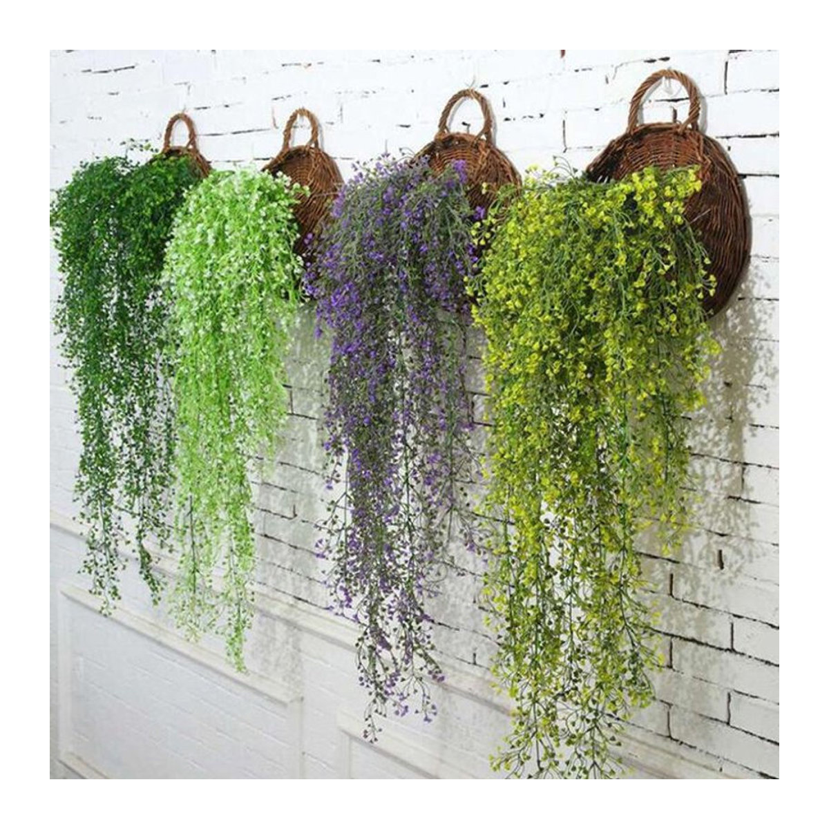 Künstliche Rattan-Reben als hängender Wandbehang mit grünen Blättern und Blumen in Bohemian-Stil - Bild 1