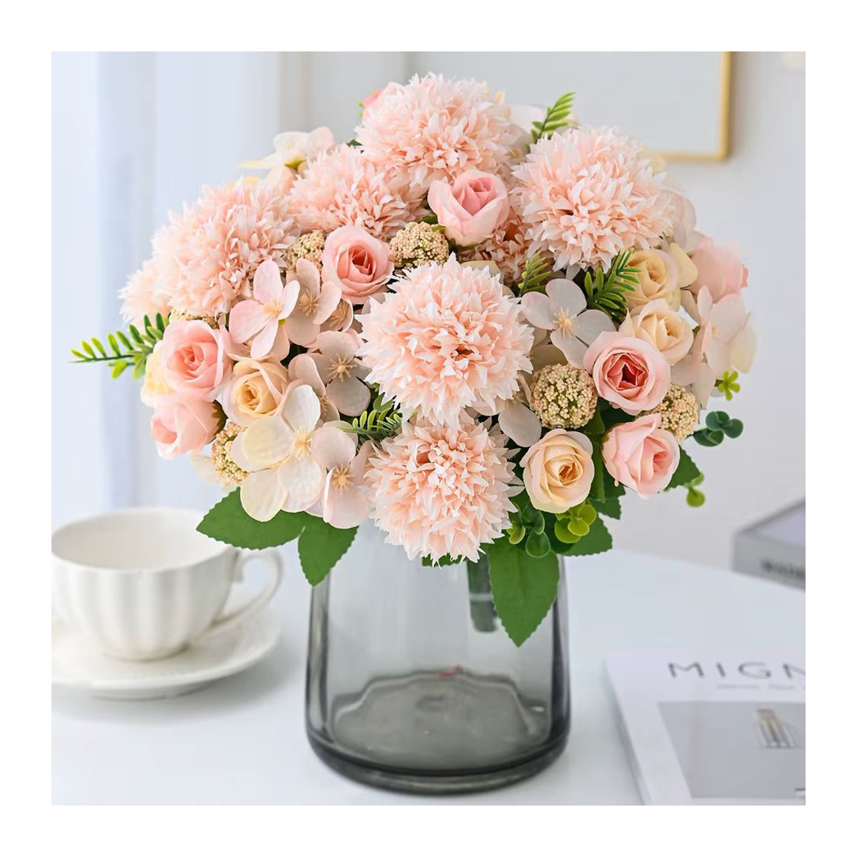 Künstliche Rosen und Chrysanthemen aus Seide in Rosa für Hochzeitsstrauß und Dekoration - Bild 2