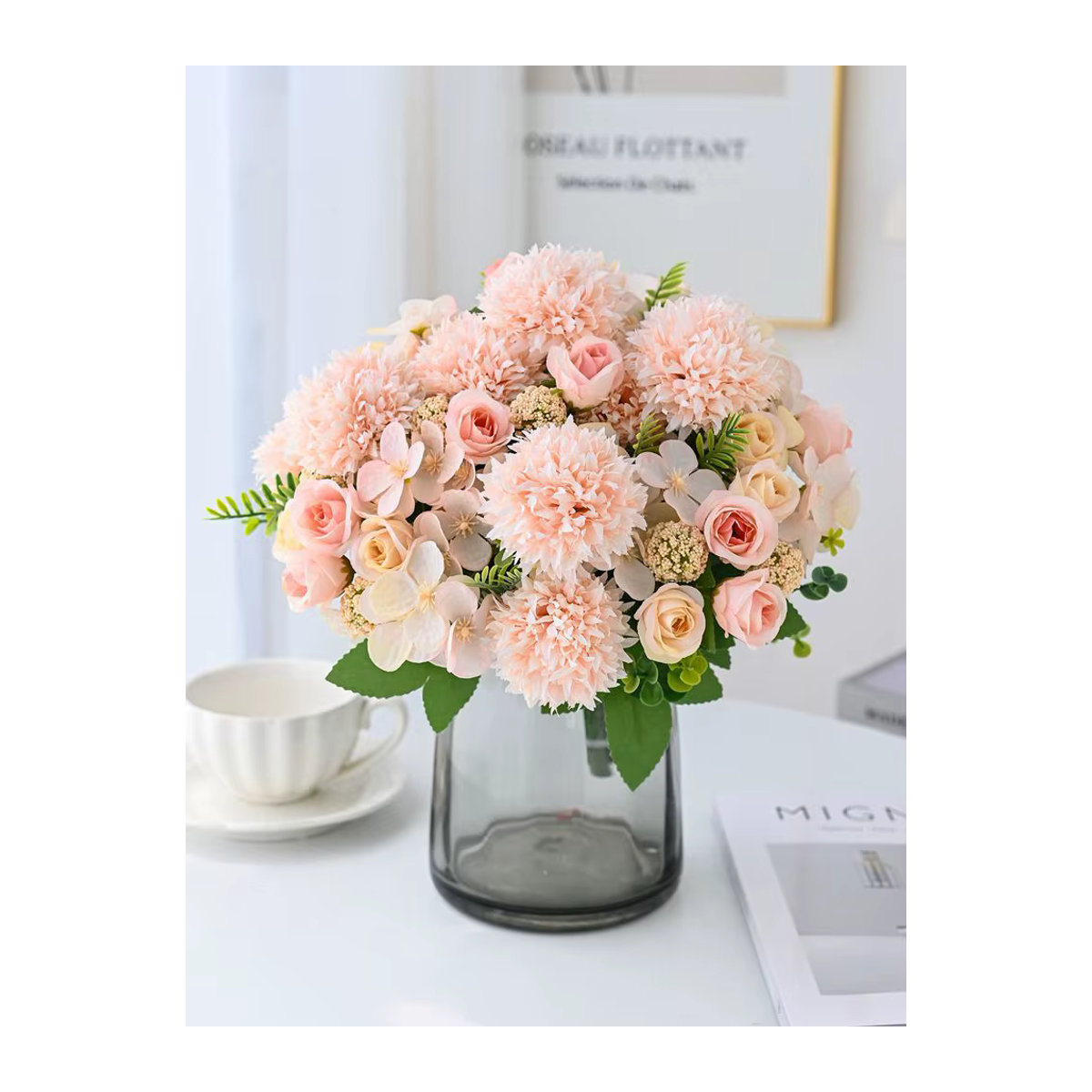 Künstliche Rosen und Chrysanthemen aus Seide in Rosa für Hochzeitsstrauß und Dekoration - Bild 4
