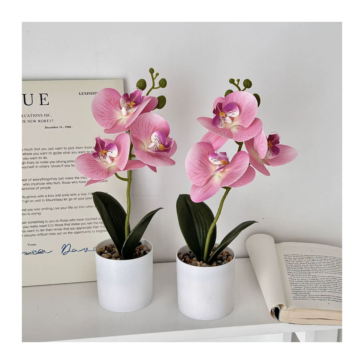 Künstliche Schmetterlings-Orchidee mit 3 Blütenköpfen in Grün, Blau und Mehrfarbig als dekorative Desktop-Pflanze im modernen floralen Design - Bild 2