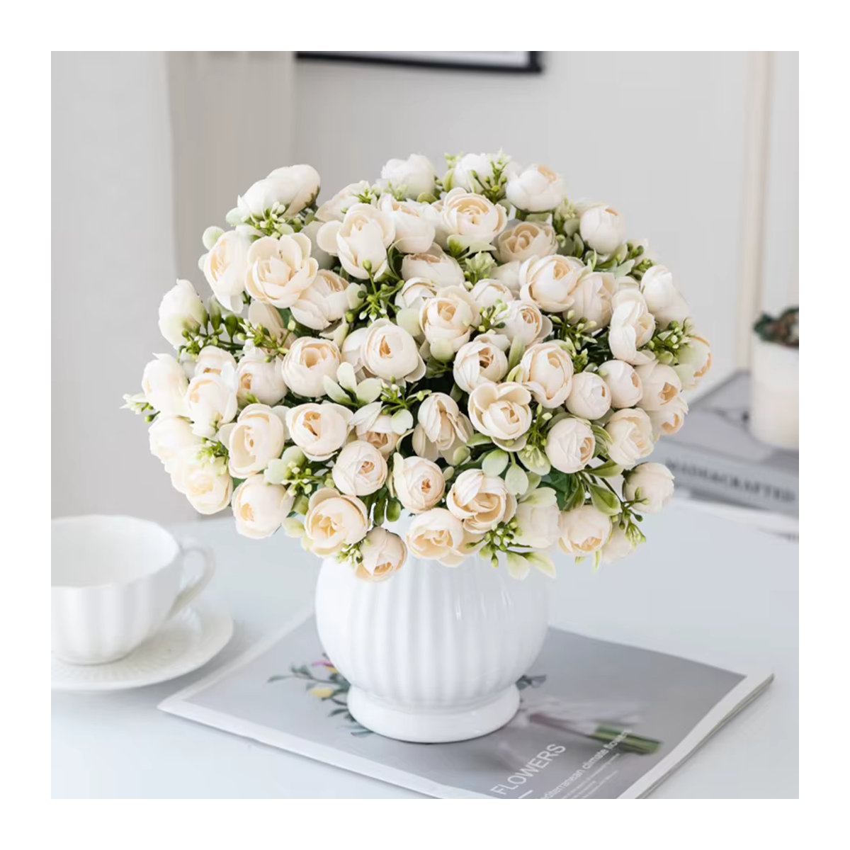 Künstliche Seidenrosen als Teeknospen-Arrangement mit 15 Köpfen in Rosa und Weiß für Hochzeit und Dekoration - Bild 1